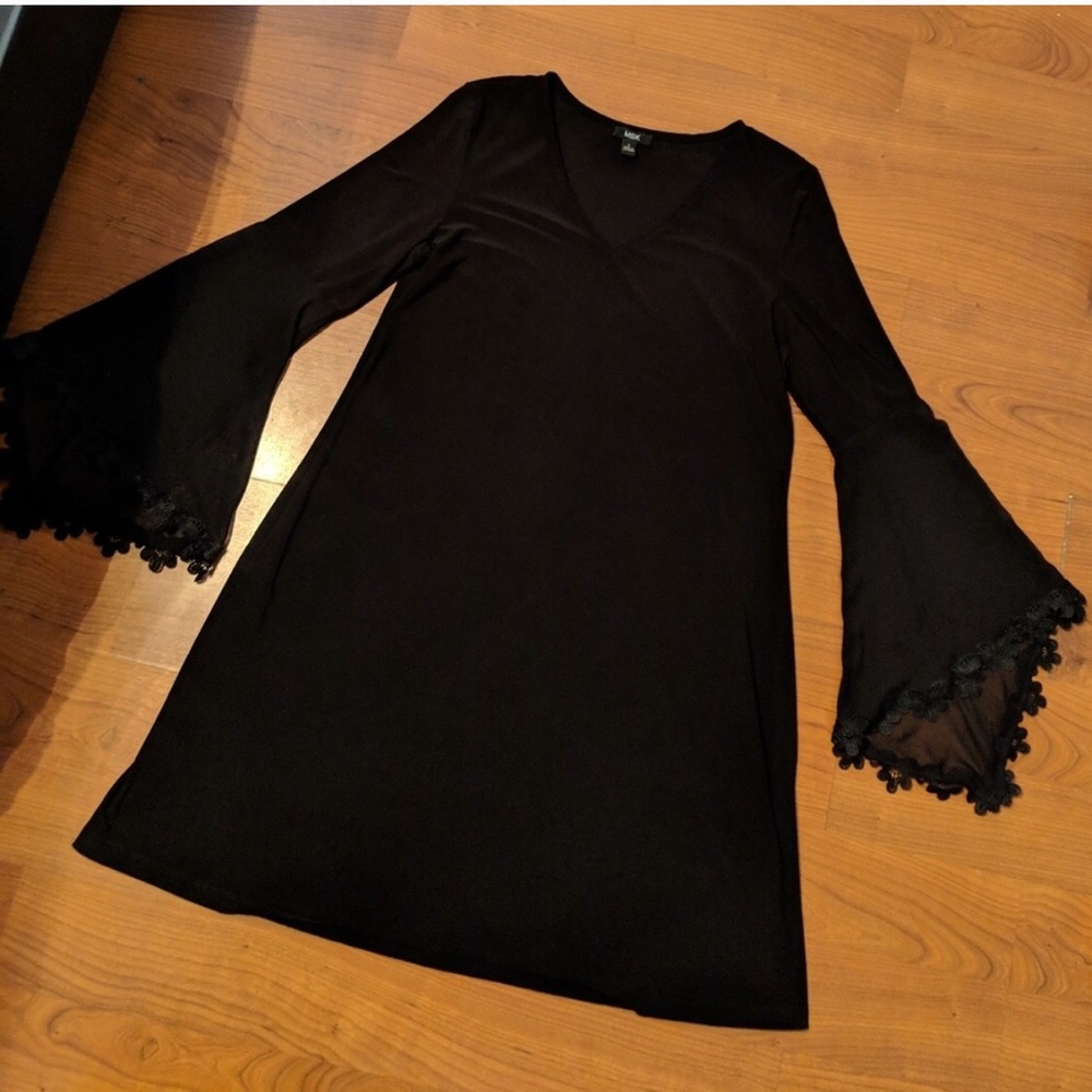 MSK black dress with sheer bell sleeves. Size L